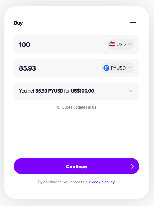 MoonPay allows users to buy PYUSD with a card